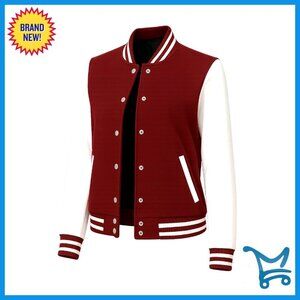 Fleece Bomber Varsity Jacket, Slim Fit, Multiple Pockets, Button Closure